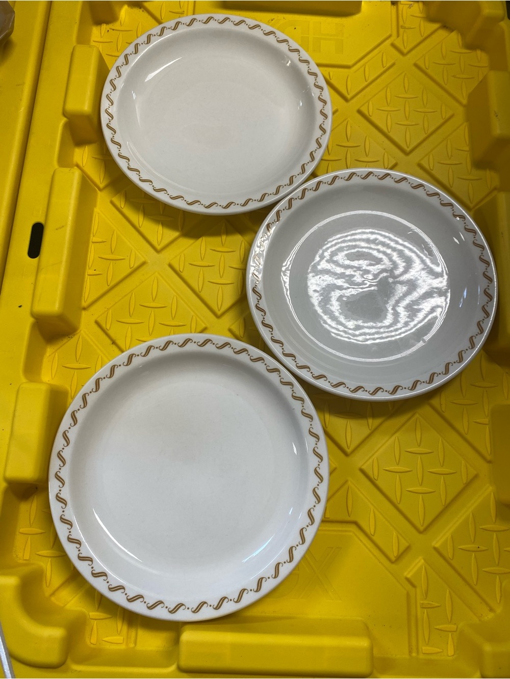 MCM Buffalo China Set of 3 White 9.5" Plates Gold Swirl Border MPN 76B